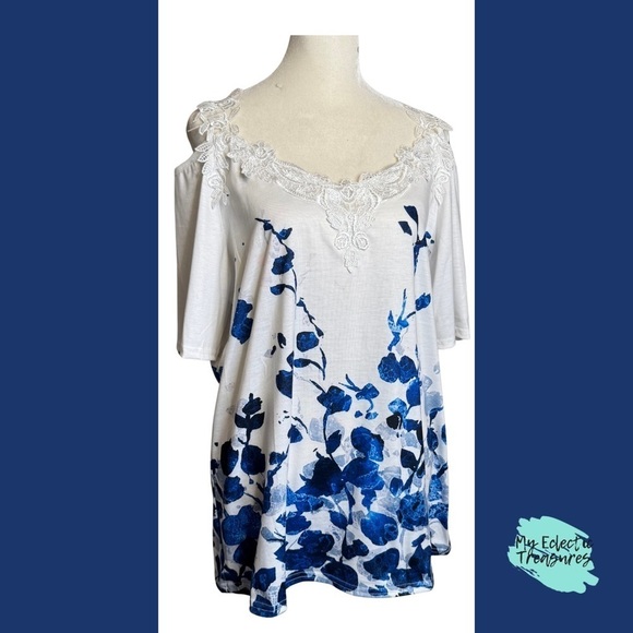 Generic Tops - White and Blue Ruffled Cold Shoulder Blouse with Relaxed Fit XL